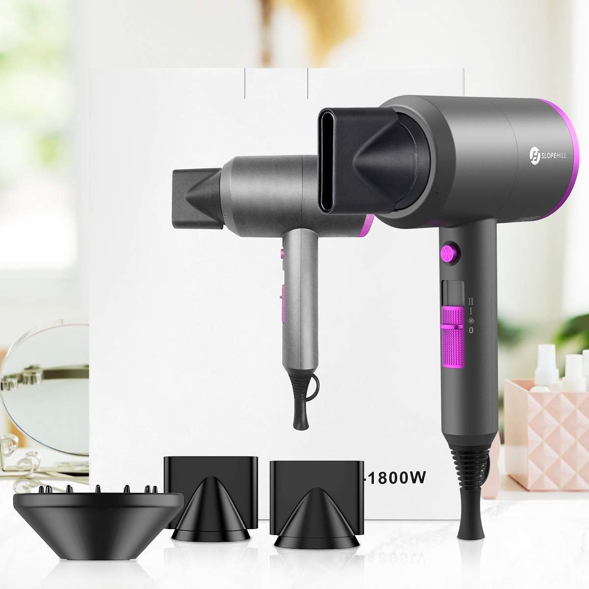 slopehill Professional Ionic Hair Dryer, Powerful 1800W Fast Drying Low Noise Blow Dryer with 2 Concentrator Nozzle 1 Diffuser Attachments