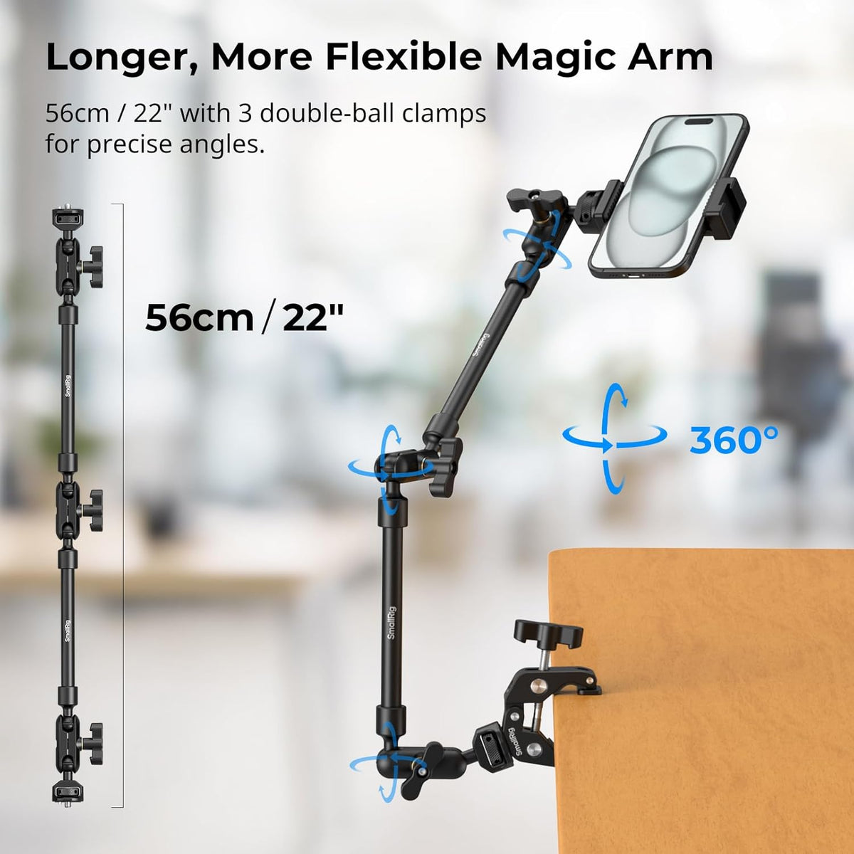 SMALLRIG 22" Magic Arm Clamp, Overhead Phone Mount Holder Stand, Flexible Desk Camera Mount, Articulating Friction Boom Arm, for POV Shot, Filming