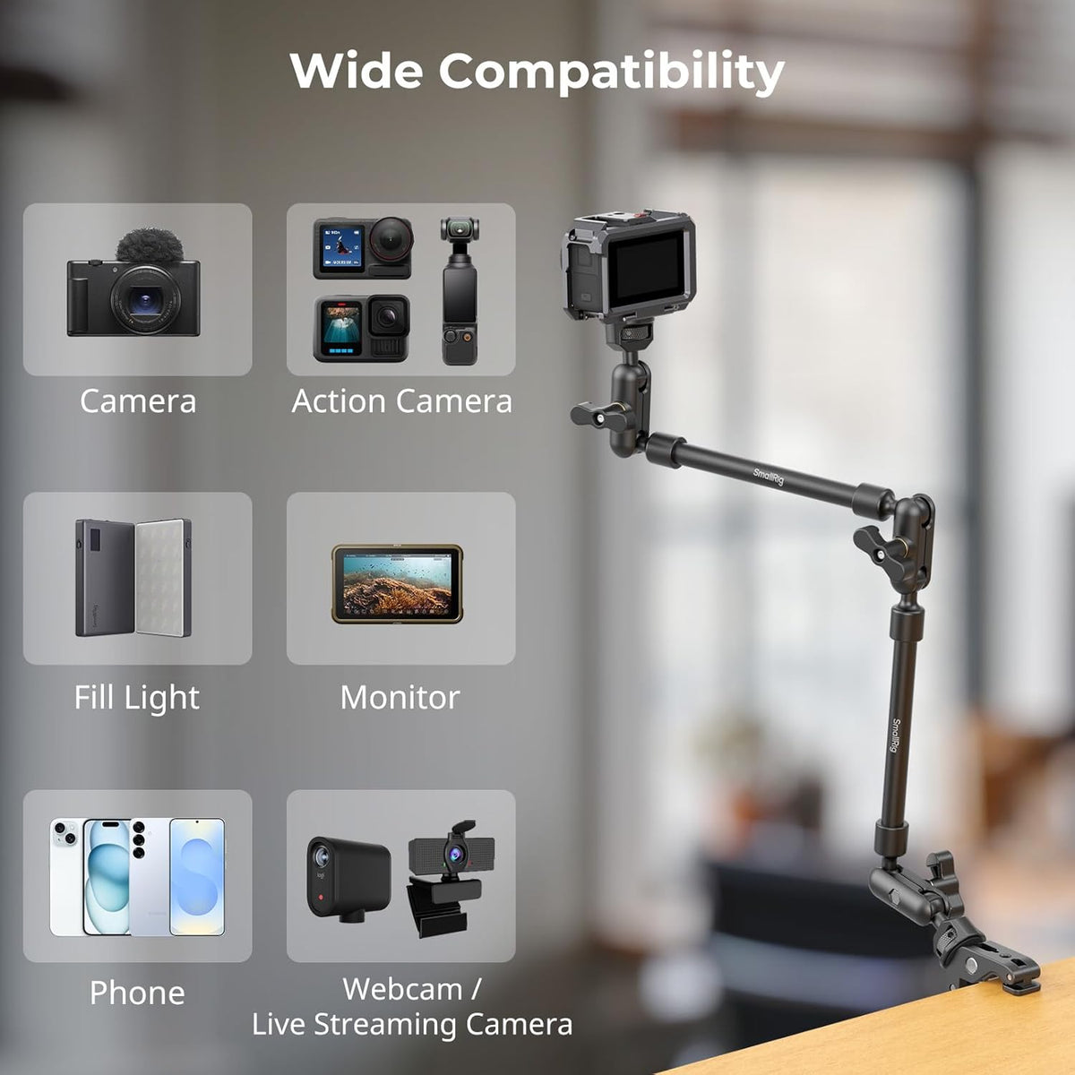 SMALLRIG 22" Magic Arm Clamp, Overhead Phone Mount Holder Stand, Flexible Desk Camera Mount, Articulating Friction Boom Arm, for POV Shot, Filming