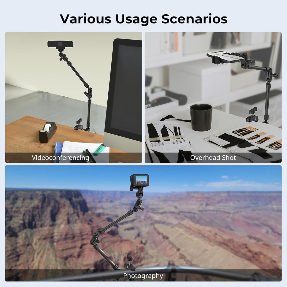 SMALLRIG 22" Magic Arm Clamp, Overhead Phone Mount Holder Stand, Flexible Desk Camera Mount, Articulating Friction Boom Arm, for POV Shot, Filming