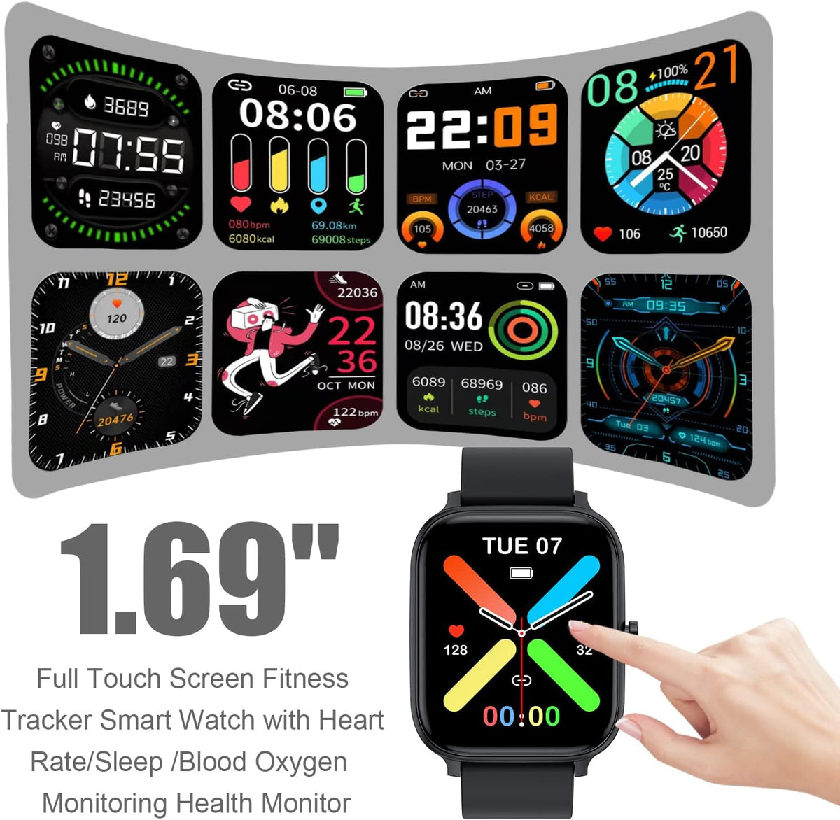 Smart Watch for Men Women Compatible with iPhone Samsung Android Phone 1.83 inch Full Touch Screen IP68 Waterproof Bluetooh Fitness Tracker (Black)