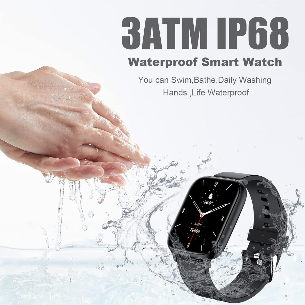 Smart Watch for Men Women Compatible with iPhone Samsung Android Phone 1.83 inch Full Touch Screen IP68 Waterproof Bluetooh Fitness Tracker (Black)