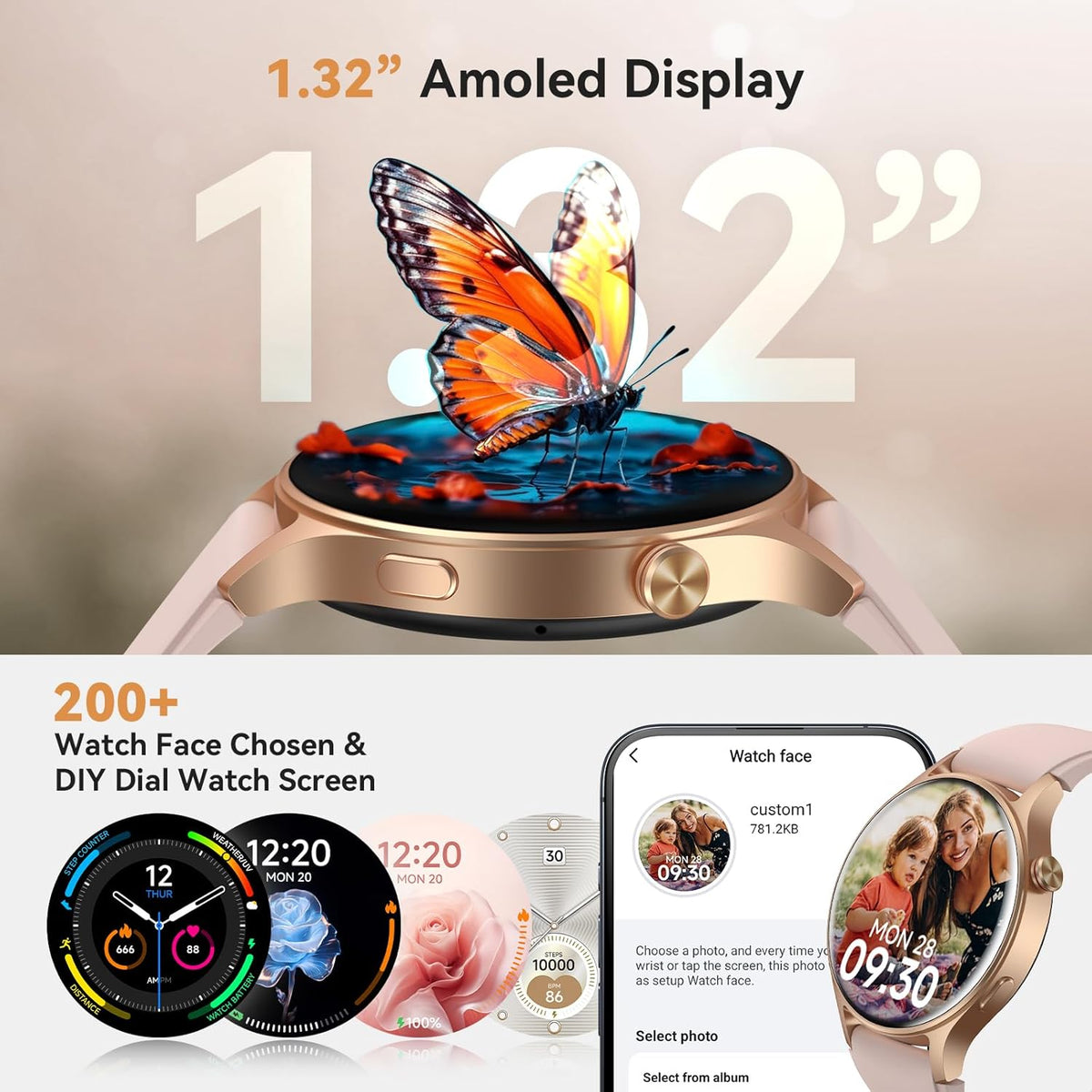 Smart Watch for Women, Answer/Make Call, 1.32'' AMOLED Ultra-Clear Screen Fitness Tracker with Heart Rate/Sleep/SpO2 Monitor