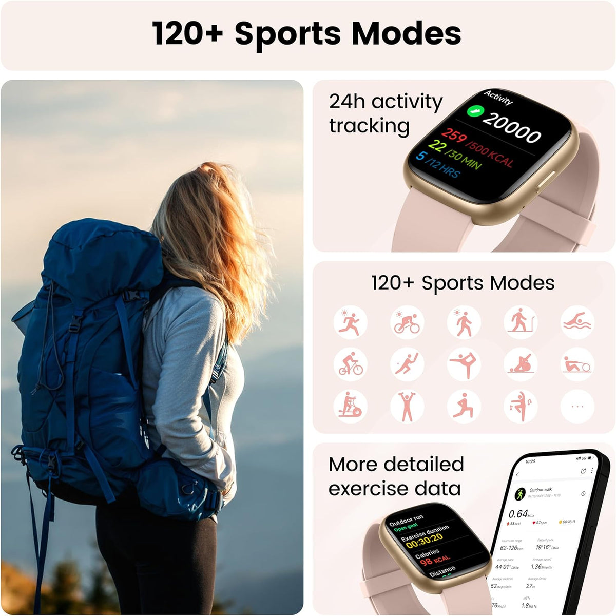Smart Watch with Alexa Built-in, 1.83" HD Touchscreen Fitness Tracker with Bluetooth Calling, Fitness Watch with Heart Rate/Sleep Monitor/120 (Pink)