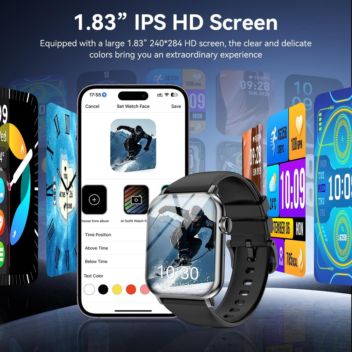 Smart Watches for Men Women, 1.83" HD Touchscreen Fitness Tracker with Bluetooth Calls, IP68 Waterproof, 120+ Sport Modes, 7-Day Battery (Black)