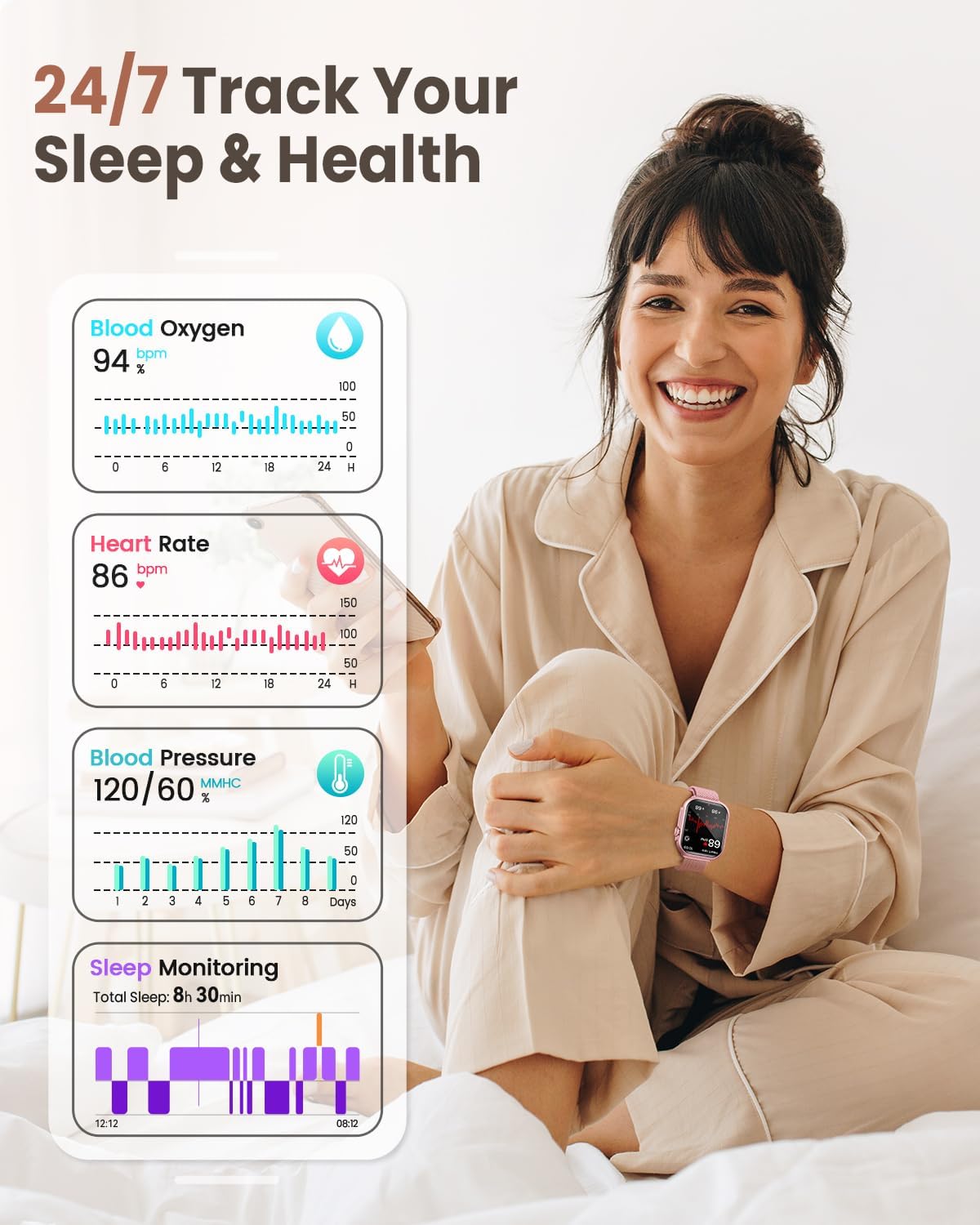 Smart Watch for Women (Android/iPhone), 1.83" HD Display with Calls, Messages, Sleep and Heart Rate Tracking