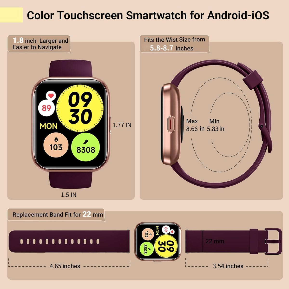 Smartwatch for Women, Compatible with Android & iPhone, 1.8'' Fitness Tracker Watch with Alexa, Call & Notification Alerts, Heart Rate & Sleep Monitor