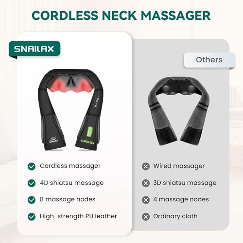 Snailax Cordless Massager - Shiatsu Neck and Shoulder Massager with Heat, Portable, Lumbar, Back Electric Massage Pillow, Christmas Gift