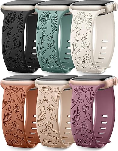 SNBLK 6 Pack Floral Engraved Bands Compatible with Apple Watch Bands 40mm 41mm 42mm 38mm 44mm 45mm 46mm 49mm Women Men, Silicone Flower Pattern Strap