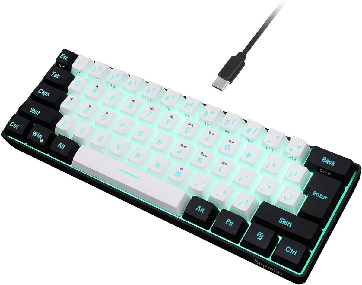 Snpurdiri 60% Wired Gaming Keyboard, 61 Keys RGB Backlit Ultra-Compact Small Gaming Keyboard, for PC/Mac Gamer, Typist, Travel (Black-White)