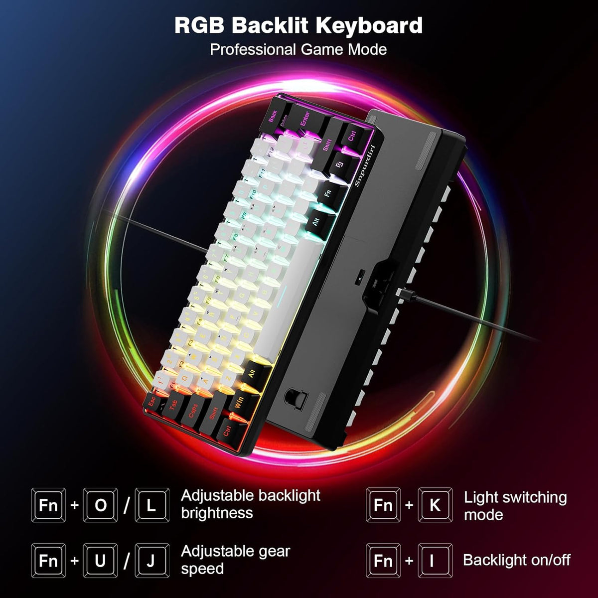 Snpurdiri 60% Wired Gaming Keyboard, 61 Keys RGB Backlit Ultra-Compact Small Gaming Keyboard, for PC/Mac Gamer, Typist, Travel (Black-White)