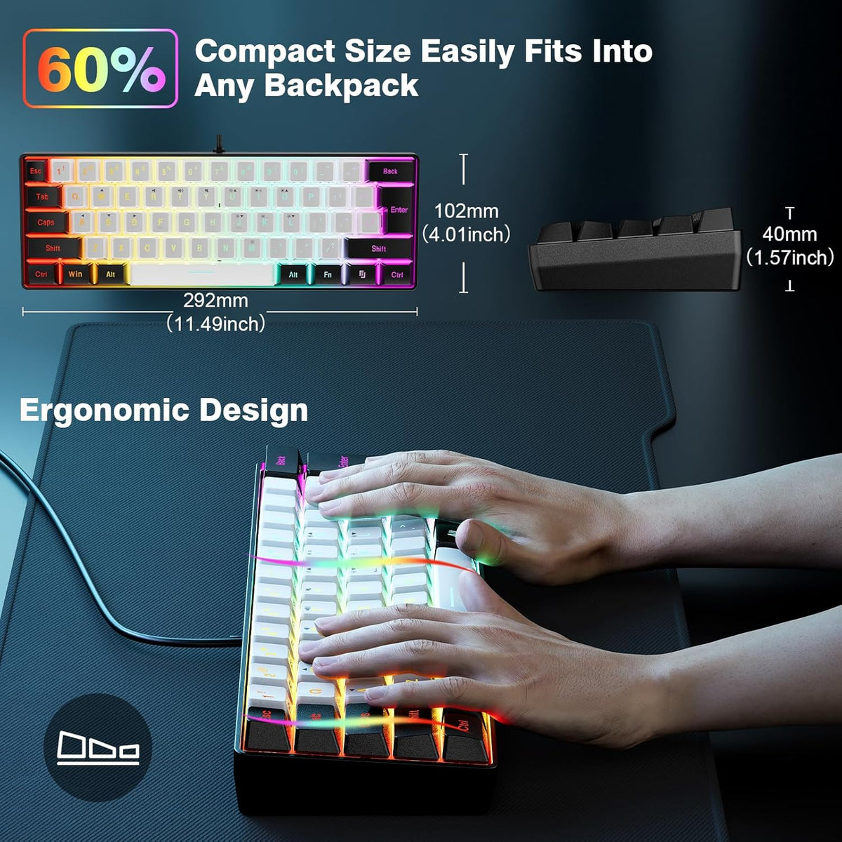 Snpurdiri 60% Wired Gaming Keyboard, 61 Keys RGB Backlit Ultra-Compact Small Gaming Keyboard, for PC/Mac Gamer, Typist, Travel (Black-White)