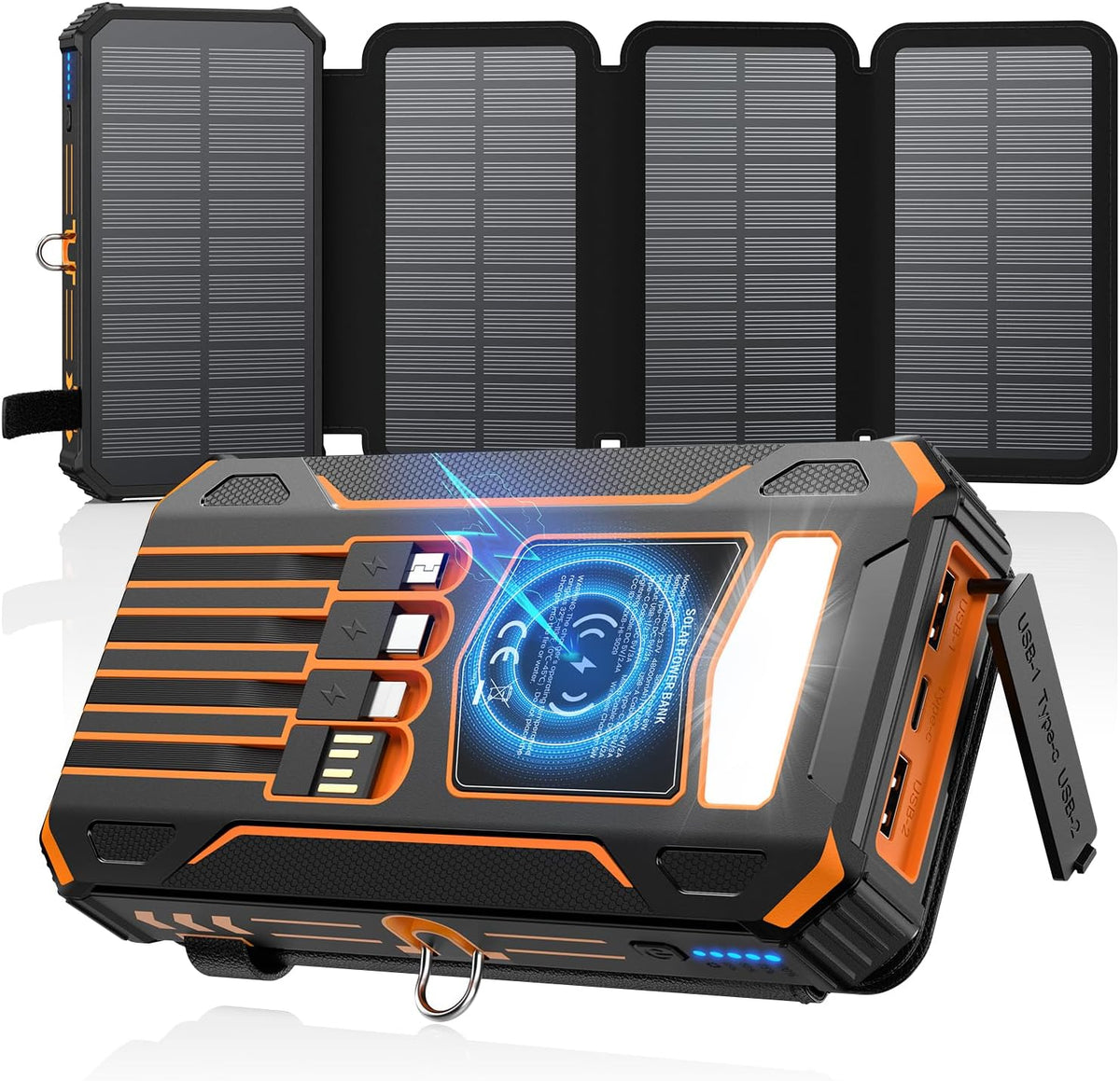 SOARAISE Solar Charger Power Bank - 48000mAh Wireless Portable Charger Built-in 4 Cables and 4 Solar Panels