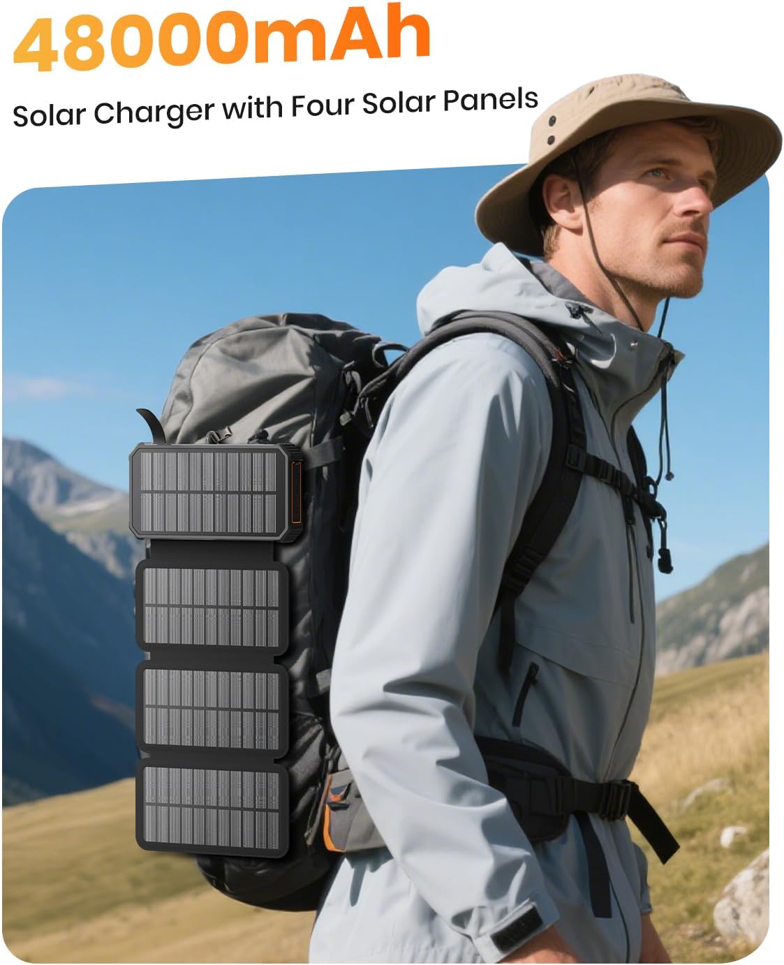 SOARAISE Solar Charger Power Bank - 48000mAh Wireless Portable Charger Built-in 4 Cables and 4 Solar Panels