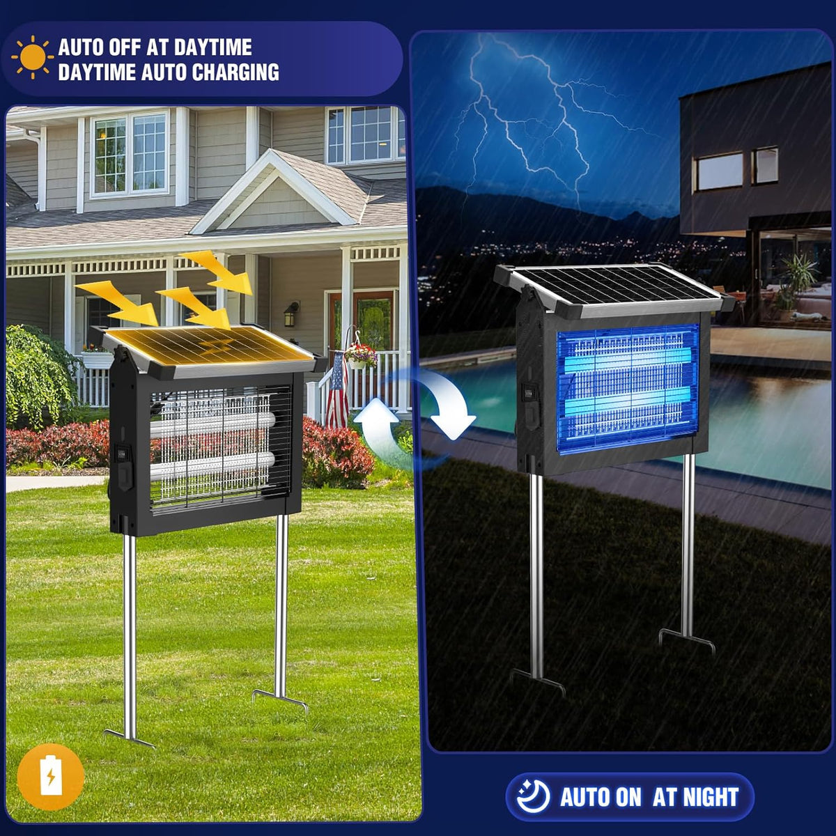 Solar Bug Zapper Outdoor, 4500V Mosquito Zapper Waterproof with Panel Sensor Electric Fly Zapper Rechargeable Mosquito Killer with 10FT Extension Cord