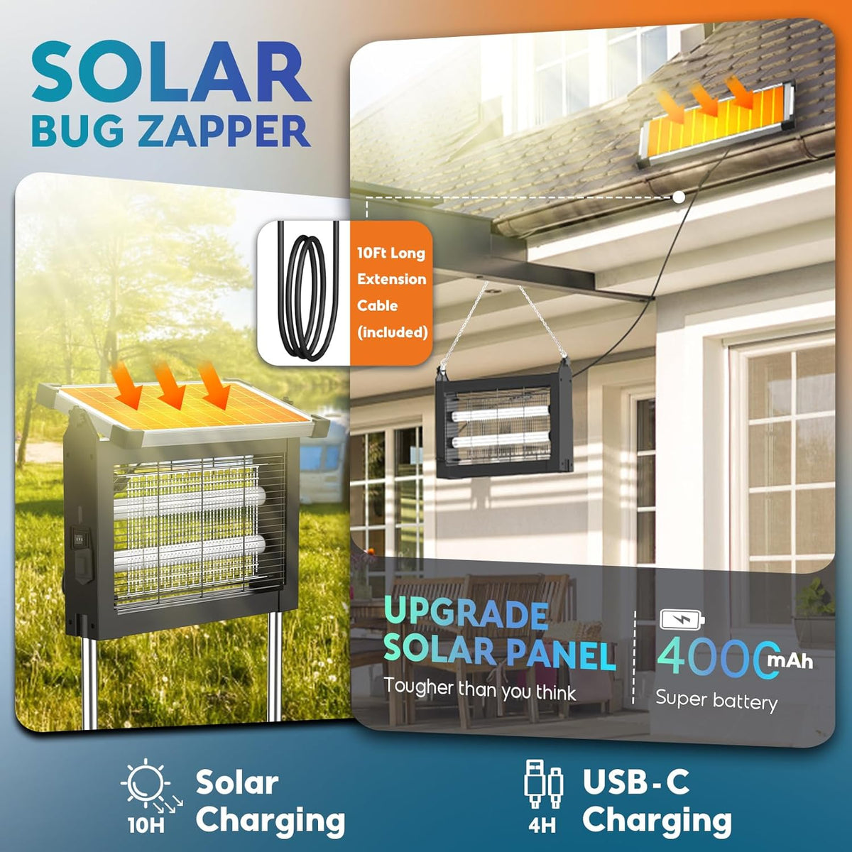 Solar Bug Zapper Outdoor, PhatroyYee Mosquito Zapper 4500V, Waterproof Portable Fly Zapper, Rechargeable Electric Mosquito Killer