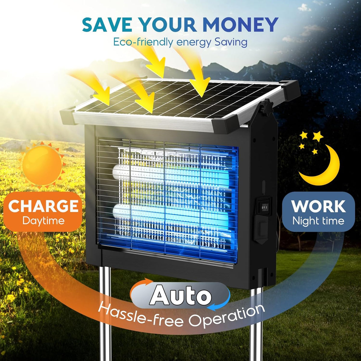 Solar Bug Zapper Outdoor, PhatroyYee Mosquito Zapper 4500V, Waterproof Portable Fly Zapper, Rechargeable Electric Mosquito Killer