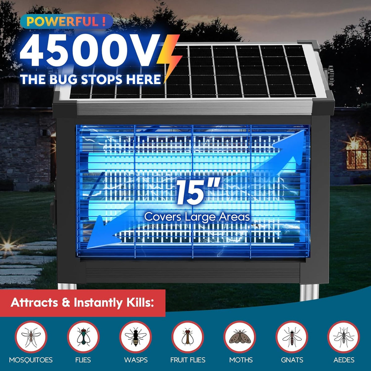 Solar Bug Zapper Outdoor, PhatroyYee Mosquito Zapper 4500V, Waterproof Portable Fly Zapper, Rechargeable Electric Mosquito Killer