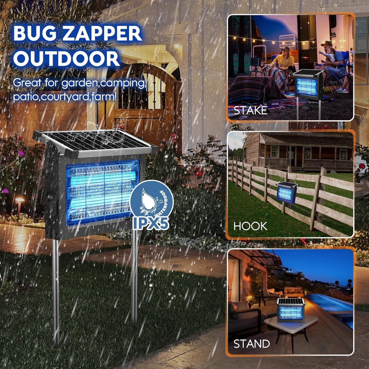 Solar Bug Zapper Outdoor, PhatroyYee Mosquito Zapper 4500V, Waterproof Portable Fly Zapper, Rechargeable Electric Mosquito Killer