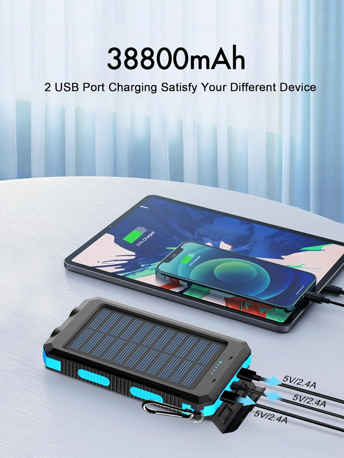 Solar Charger, 38800mAh Solar Power Bank, Waterproof External Backup Battery Power Pack with USB C Input/Output/LED Flashlights Compatible with iPhone