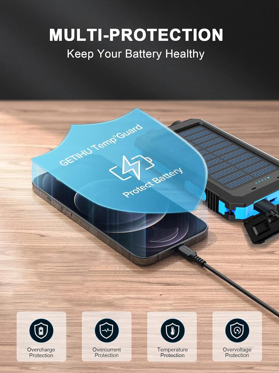Solar Charger, 38800mAh Solar Power Bank, Waterproof External Backup Battery Power Pack with USB C Input/Output/LED Flashlights Compatible with iPhone