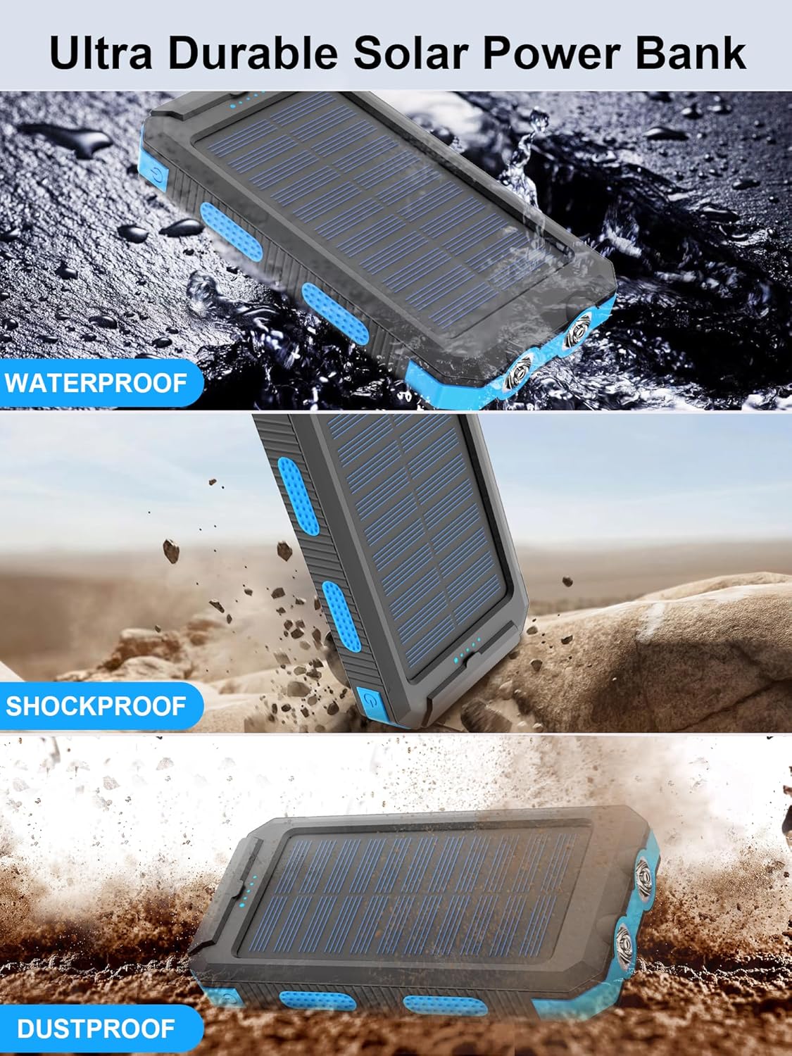 Solar Charger, 38800mAh Solar Power Bank, Waterproof External Backup Battery Power Pack with USB C Input/Output/LED Flashlights Compatible with iPhone