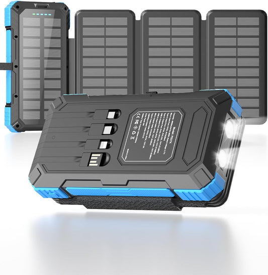 Solar Charger Power Bank 49800mAh with 4 Built-in Cables & 3 Foldable Panels, PD22.5W Fast Portable Phone Charger, External Battery Pack with USB-C