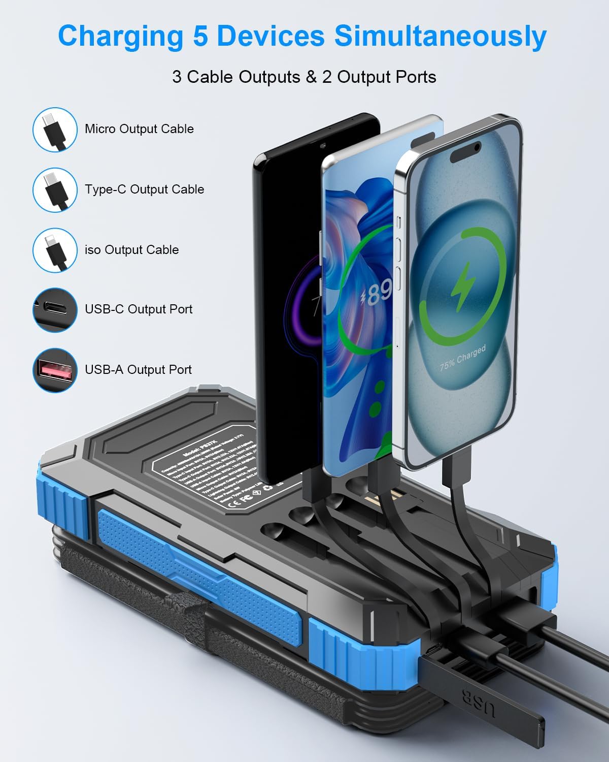 Solar Charger Power Bank 49800mAh with 4 Built-in Cables & 3 Foldable Panels, PD22.5W Fast Portable Phone Charger, External Battery Pack with USB-C