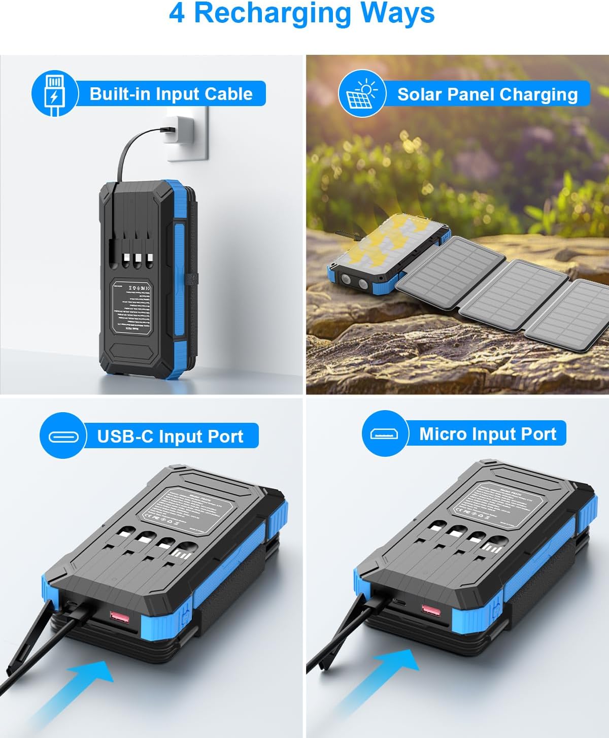 Solar Charger Power Bank 49800mAh with 4 Built-in Cables & 3 Foldable Panels, PD22.5W Fast Portable Phone Charger, External Battery Pack with USB-C