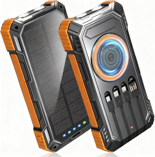 Solar Power Bank, 49800mAh Wireless Portable Phone Charger with Built-in 4 Cables, 22.5W Fast Charging External Battery Pack PD 3.0 USB-C In/Output
