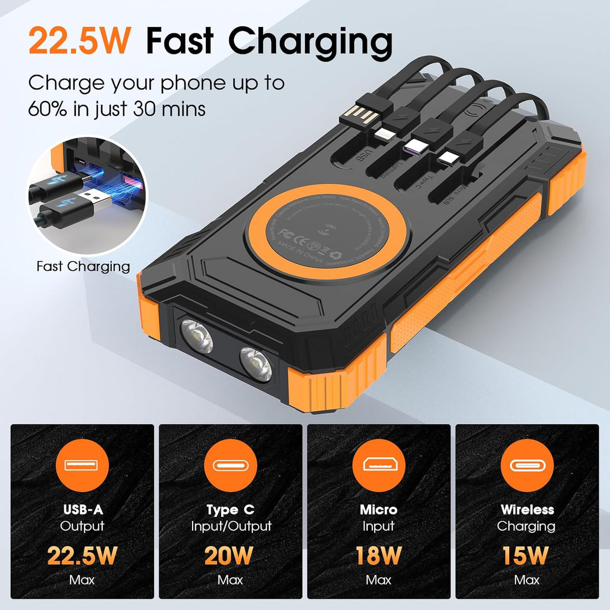 Solar Power Bank, 49800mAh Wireless Portable Phone Charger with Built-in 4 Cables, 22.5W Fast Charging External Battery Pack PD 3.0 USB-C In/Output
