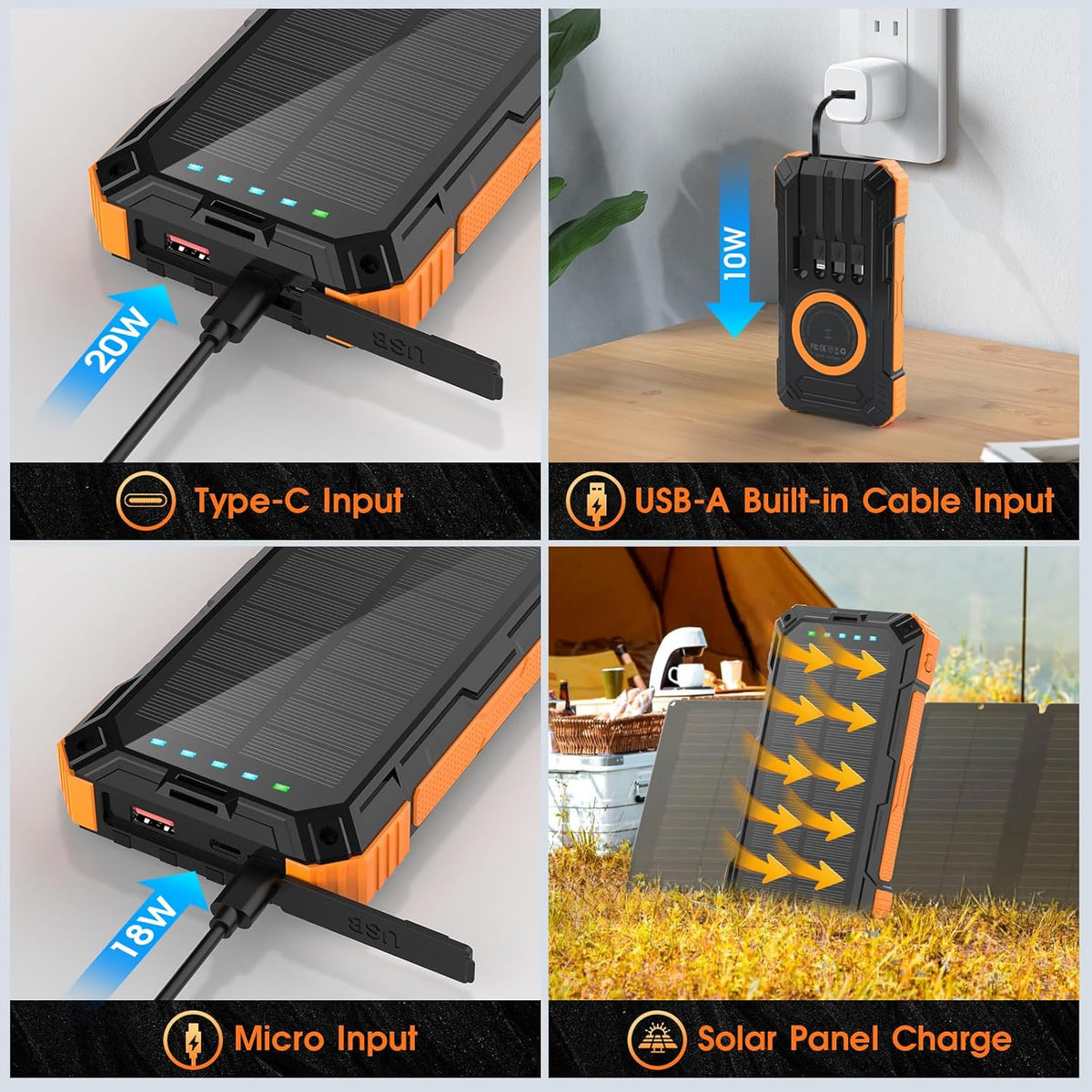 Solar Power Bank, 49800mAh Wireless Portable Phone Charger with Built-in 4 Cables, 22.5W Fast Charging External Battery Pack PD 3.0 USB-C In/Output