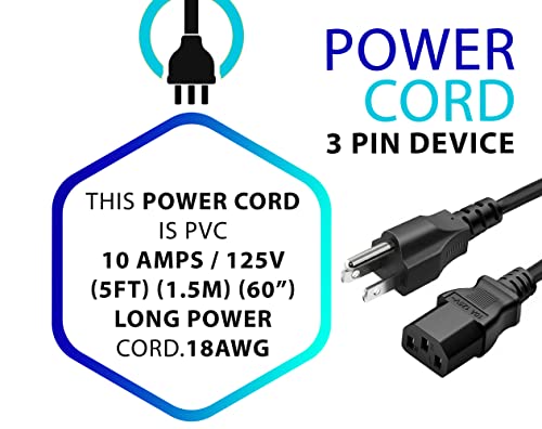 Standard 5ft (1.5m) 10 Amps 125 Volts Black 3 Prong AC Power Cord Cable for Electronics, TV, Computer, Printer, Radio, Monitor, Samsung, Dell, Vizio