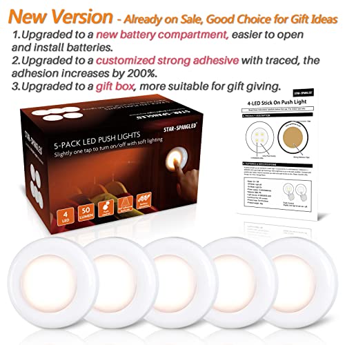 STAR-SPANGLED Push Tap Light, 2.8” Mini Night Touch LED Puck Lamp, Portable Under Cabinet Lighting AAA Battery Operated Powered (5 Pack)