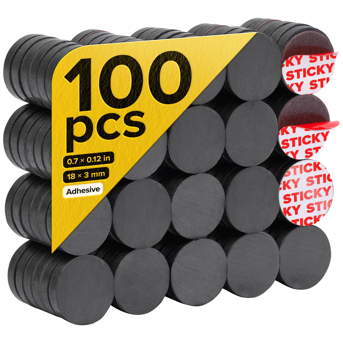 Strong Ceramic Round Magnets With Adhesive Backing (0.7x0.12"/18x3mm, 100 pcs) - Heavy Duty Sticky Magnets, Non-Corrosive, Versatile For Home, Office