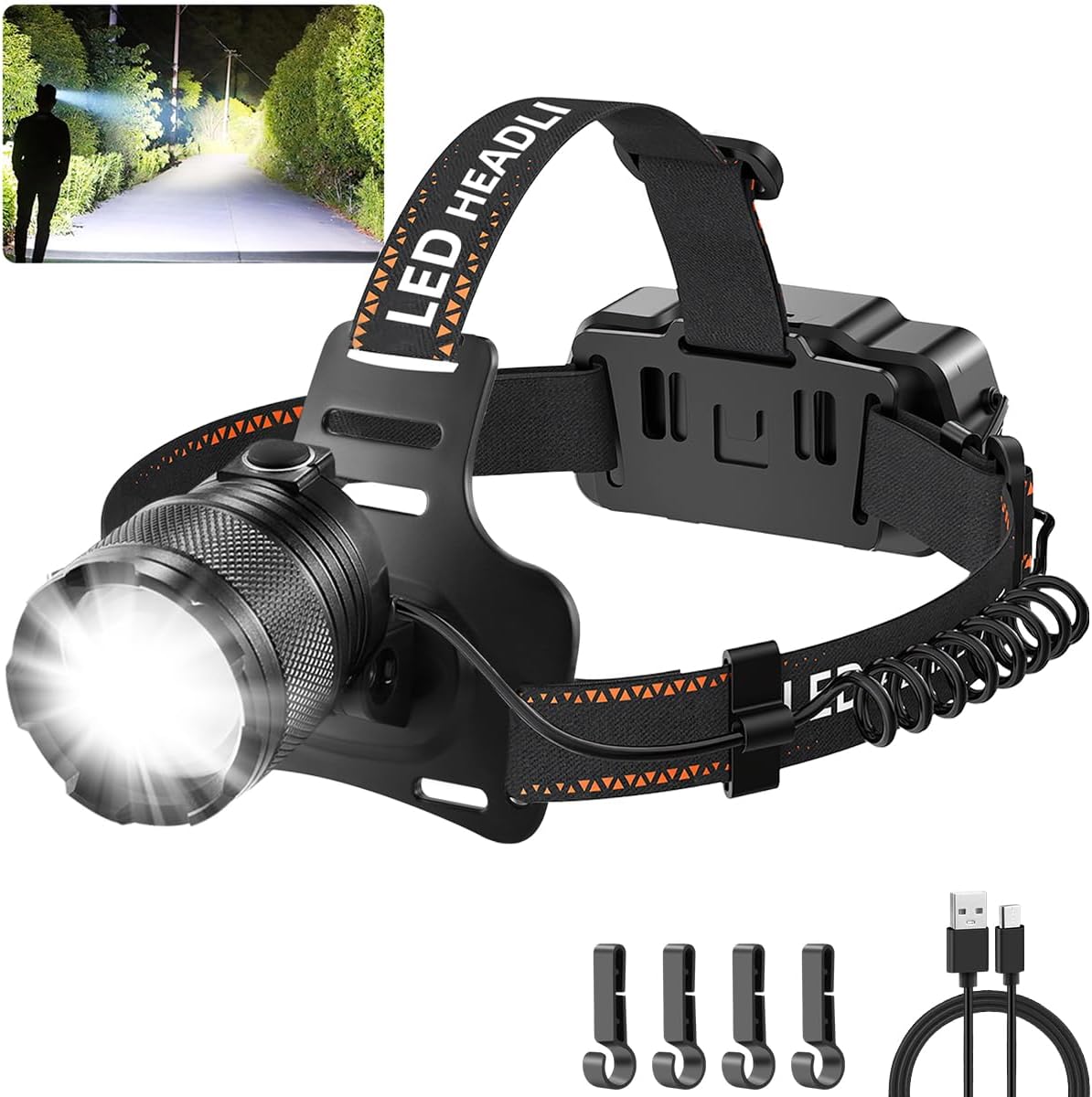 Super Bright Aluminum Headlamp, Rechargeable Headlamp High Lumen, 90° Adjustable Focus Head Lights for Forehead, Head Lamps LED Rechargeable