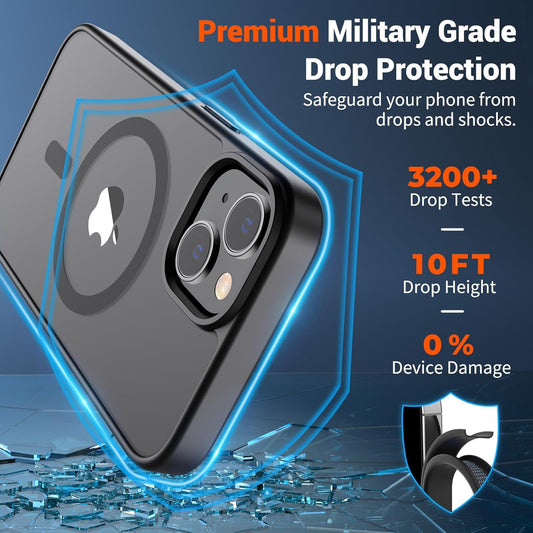 SUPFINE Magnetic for iPhone 14 Case & iPhone 13 Case (Compatible with MagSafe)(Drop Protection) Translucent Matte Shockproof (Black)