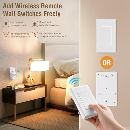 SURAIELEC Wireless Wall Switch Remote Control Outlet, No Wiring Needed, 100ft RF Range, Pre-Programmed, Expandable Remote Light Switch Kit for Plug