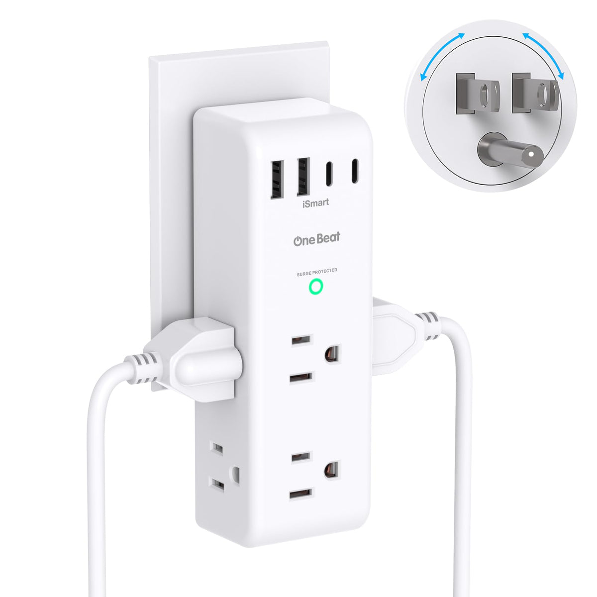 Surge Protector Outlet Extender - with Rotating Plug, 6 AC Multi Plug Outlet with 4 USB Ports (2 USB C), 1800J Wall Charger, 3-Sided Power Strip