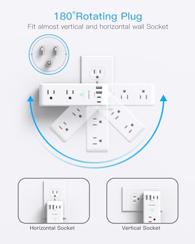 Surge Protector Outlet Extender - with Rotating Plug, 6 AC Multi Plug Outlet with 4 USB Ports (2 USB C), 1800J Wall Charger, 3-Sided Power Strip