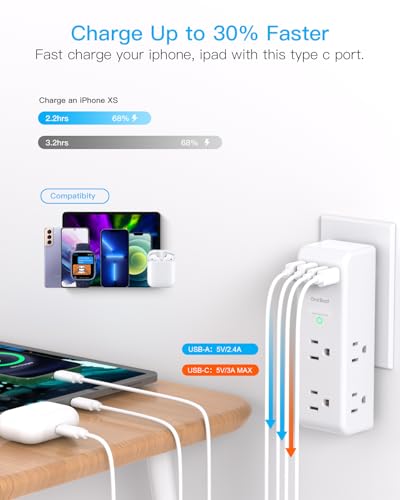 Surge Protector Outlet Extender - with Rotating Plug, 6 AC Multi Plug Outlet with 4 USB Ports (2 USB C), 1800J Wall Charger, 3-Sided Power Strip
