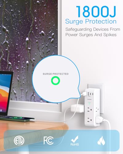 Surge Protector Outlet Extender - with Rotating Plug, 6 AC Multi Plug Outlet with 4 USB Ports (2 USB C), 1800J Wall Charger, 3-Sided Power Strip