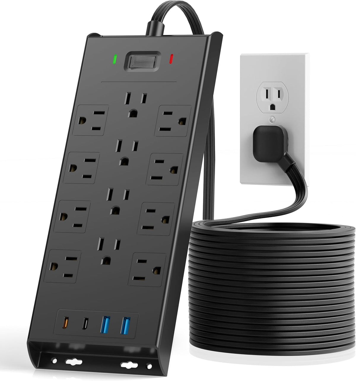 Surge Protector Power Strip 4800J, LeZone 10Ft Long Extension Cord Flat Plug, 12 Outlets 2 USB C 2 USB Ports, Wall Mountable (Black)