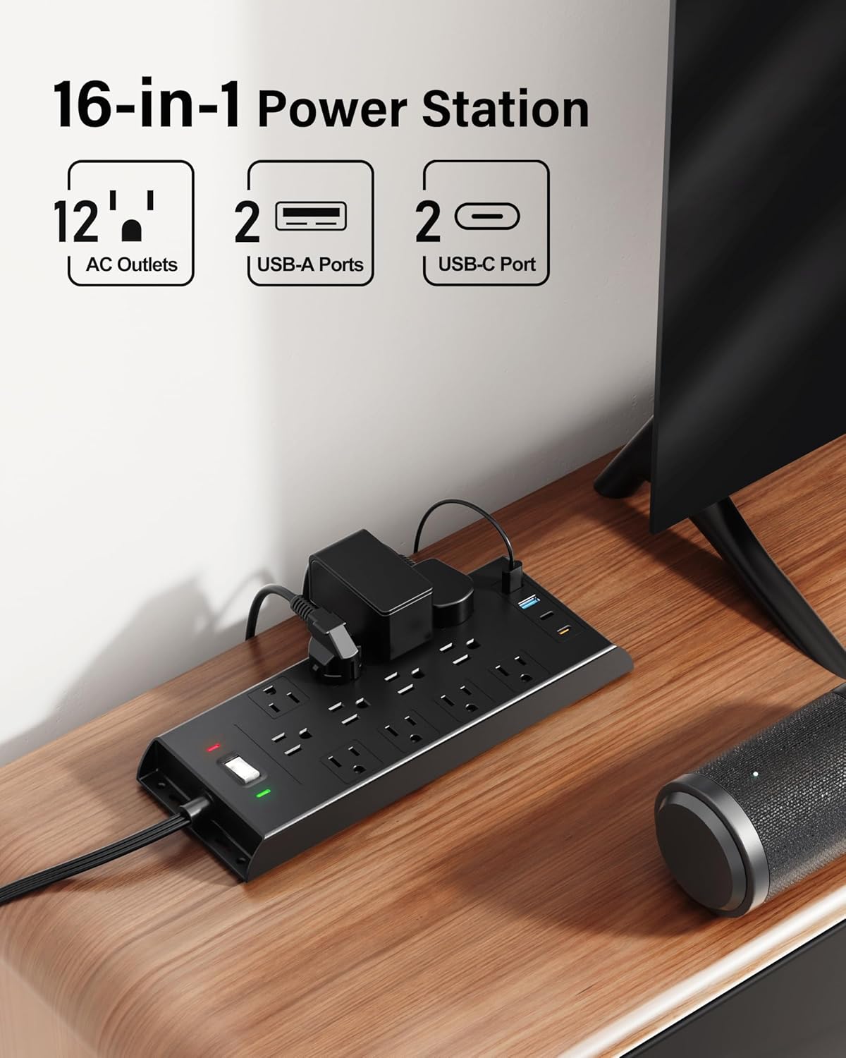 Surge Protector Power Strip 4800J, LeZone 10Ft Long Extension Cord Flat Plug, 12 Outlets 2 USB C 2 USB Ports, Wall Mountable (Black)