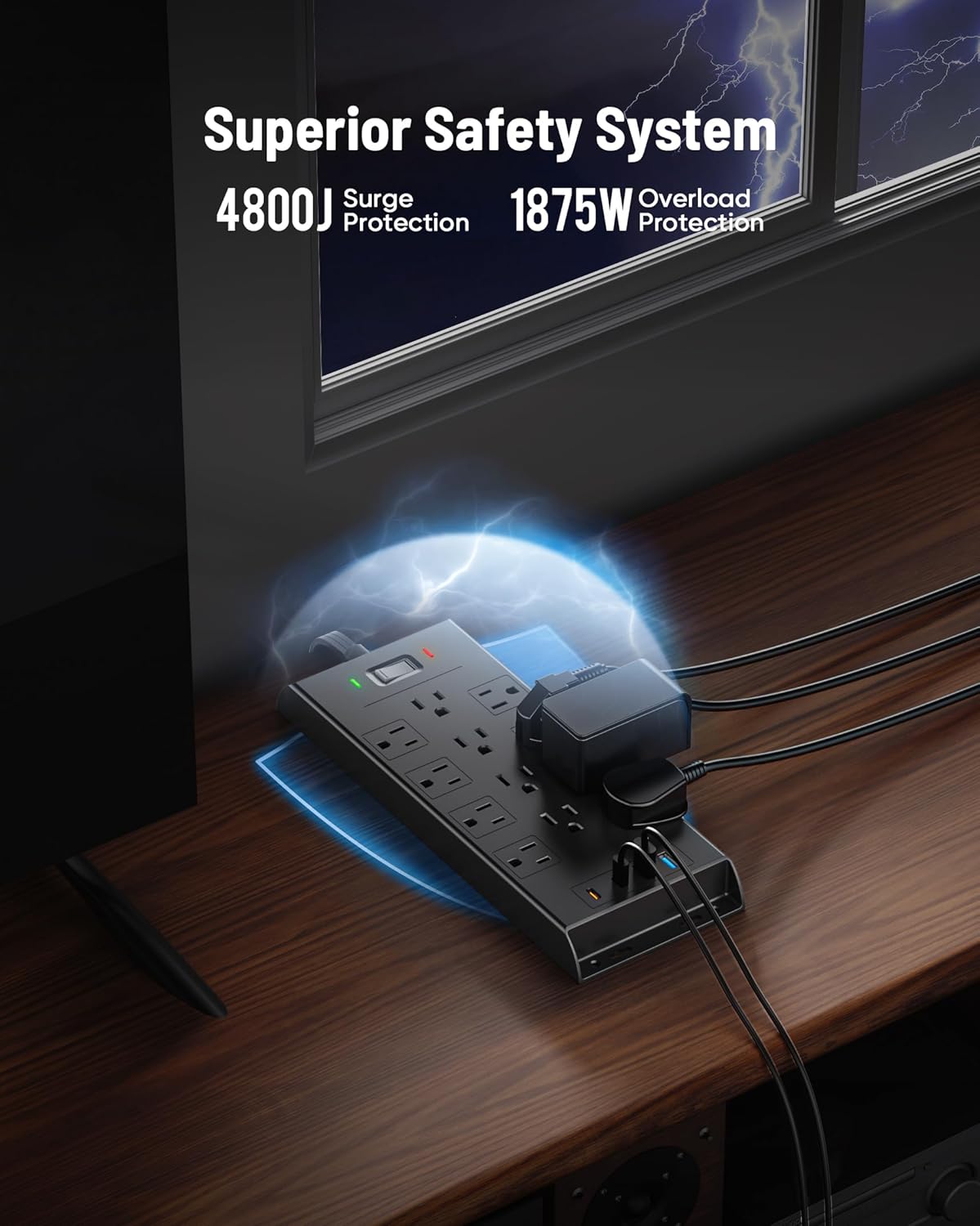 Surge Protector Power Strip 4800J, LeZone 10Ft Long Extension Cord Flat Plug, 12 Outlets 2 USB C 2 USB Ports, Wall Mountable (Black)