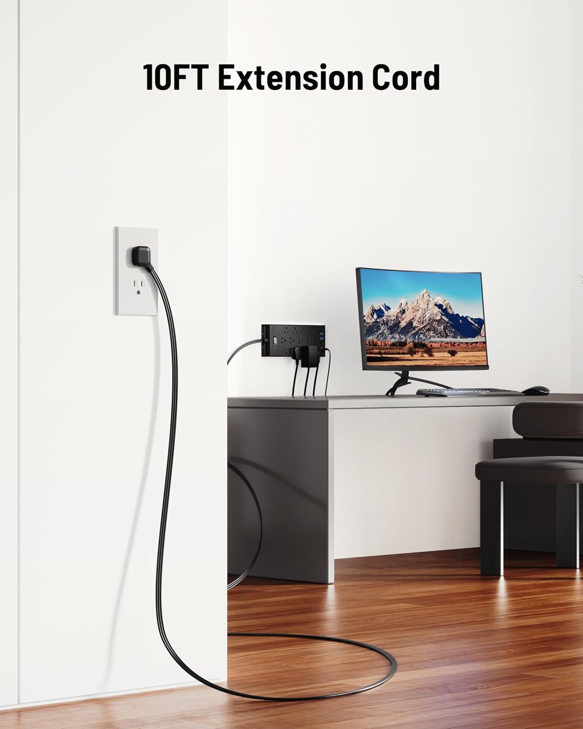 Surge Protector Power Strip 4800J, LeZone 10Ft Long Extension Cord Flat Plug, 12 Outlets 2 USB C 2 USB Ports, Wall Mountable (Black)
