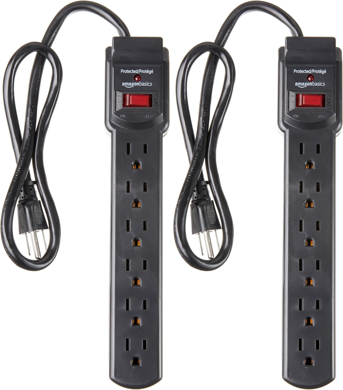Surge Protector Power Strip, 6-Outlet with 200J Protection, 2ft Extension Cord, Rectangle, Black (2 Pack)