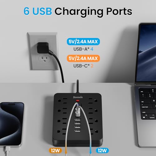 Surge Protector Power Strip, 8 Outlets(1250W/10A), 6 USB Charging Ports(2 USB C), 6FT Flat Plug Extension Cord Outlet Extender