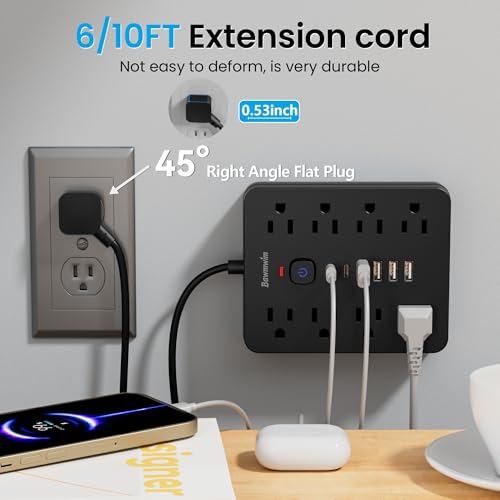 Surge Protector Power Strip, 8 Outlets(1250W/10A), 6 USB Charging Ports(2 USB C), 6FT Flat Plug Extension Cord Outlet Extender