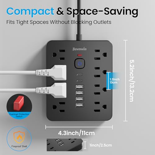 Surge Protector Power Strip, 8 Outlets(1250W/10A), 6 USB Charging Ports(2 USB C), 6FT Flat Plug Extension Cord Outlet Extender